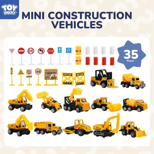 Vista 7 de TOY Life - Juego de mini vehículos de construcción, 35 piezas de camiones 35 piezas de juguetes de construcción