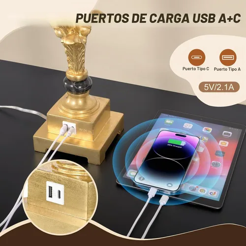 Vista 4 de Juego de 2 lámparas de mesa para sala de estar, lámparas táctiles regulables de 3 vías con puertos USB A+C, acabado en hoja de oro, lámparas