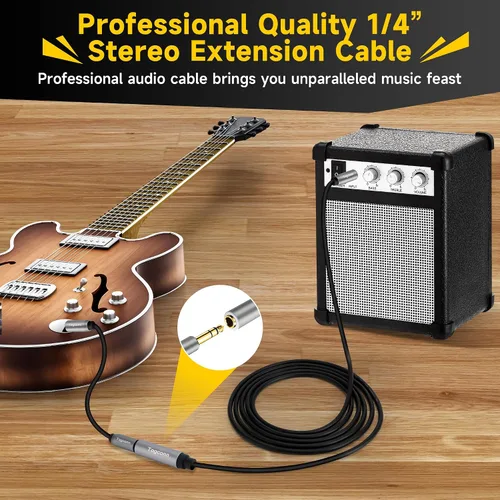Vista 4 de Cable de extensión de 1/4 de pulgada de 1 pie, conector adaptador estéreo TRS macho a hembra de 0.250 in, cable de extensión de guitarra