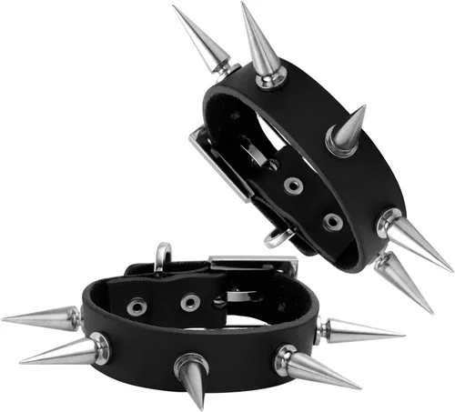 Vista 3 de MILAKOO 2 pulseras de piel sintética estilo punk con remaches y detalles de púas, Sin gemas.