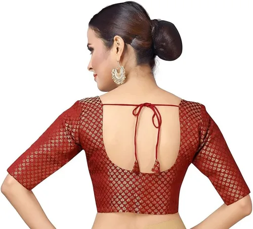 Vista 3 de Mujeres partido desgaste Bollywood poliéster brocado Readymade estilo sari blusa codo mangas