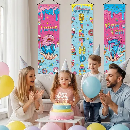 Vista 5 de Chiisong Cartel de fiesta de cumpleaños de 6 a 7 años, 3 piezas con temática de memes, carteles de cumpleaños de 7º porche, decoración de pared