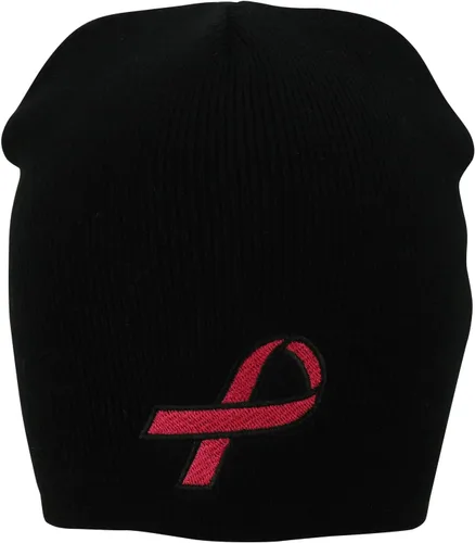 Vista 2 de Trendy Apparel Shop Breast Cancer Awareness Pink Ribbon Embroidered Knit Short Beanie Hat Black