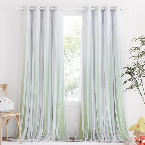 Vista 9 de PONY DANCE Cortinas para Sala de Estar - Cortinas Opacas Gris Degradado con Superposición de Gasa Blanca Térmicamente Aisladas Mezcla y Combina