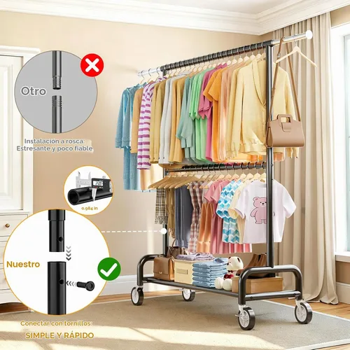 Vista 8 de Perchero de ropa resistente con carga de 860 libras, estantes de ropa rodantes de doble barra para colgar ropa, estante de ropa rodante con estantes