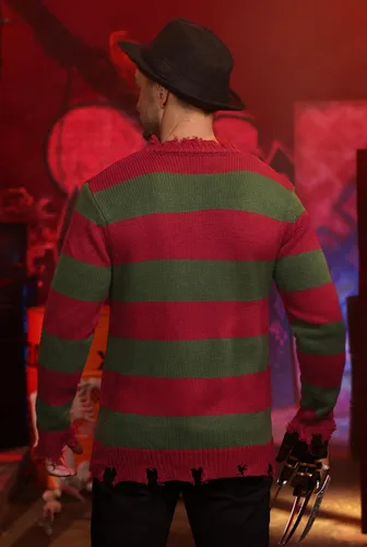 Vista 8 de Arvilhill 3 piezas de disfraz de Halloween para hombre, suéter y sombrero, trajes de pesadilla (S-3XL) Loose Fit Striped Sweater, Realistic Claw