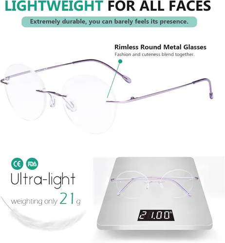 Vista 5 de Eyekepper Paquete de 3 lentes de lectura redondos de metal sin montura para mujeres y hombres, lectores circulares sin marco (azul/rojo/púrpura) +