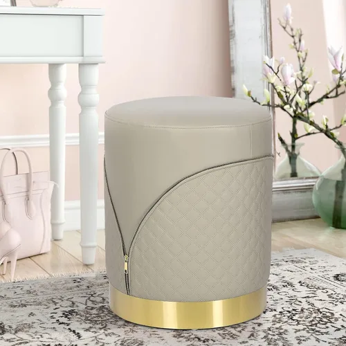 Vista 4 de Reposapiés tapizado en piel sintética redonda con base dorada, silla de maquillaje para salón, dormitorio