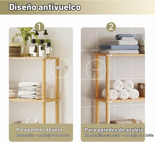 Vista 6 de Almacenamiento sobre el inodoro, estante de baño de bambú de 3 niveles con Natural