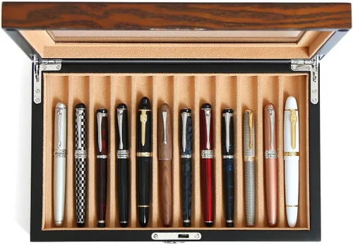 Vista 13 de vitrina de madera de la pluma de 36 ranuras Pluma estilográfica caja organizador de almacenamiento con cajón, ventana superior ventana pluma