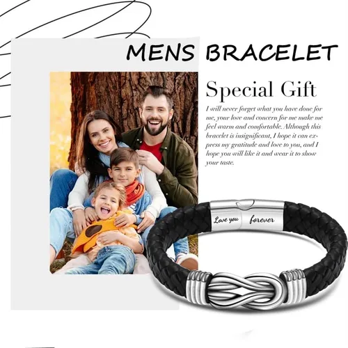 Vista 6 de Regalo para hombres, pulsera de cuero trenzado negro con infinito para hombres, papá, marido, novio, hijo, nieto, hermano, sobrino, tío