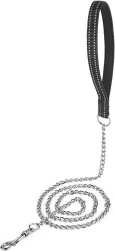 Vista 13 de Correa de cadena de metal chapado en cromo con mango acolchado suave para perros pequeños (S, mango negro)