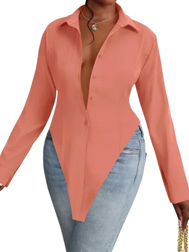 Vista 15 de OPOIPIN Blusa de manga larga con cuello en V para mujer, con botones, dobladillo con abertura