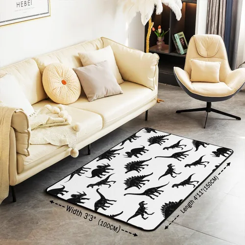 Vista 3 de Alfombras de dinosaurio para sala de estar, dormitorio, alfombra antideslizante de 3 x 5 pies, para niños, mujeres y hombres, blanco y negro