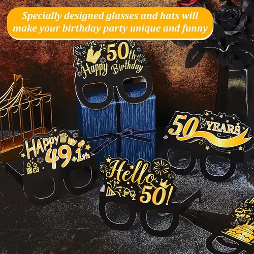 Vista 3 de 26 piezas de decoración de fiesta de cumpleaños número 50, kits de gafas y sombreros, gafas y sombreros de papel temáticos negros y dorados