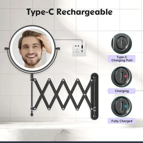 Vista 7 de 8" recargable montado en la pared espejo de maquillaje aumento echado a un lado doble 5000mAh Lighted Magnifying Mirror with 3 Color Lights Touch