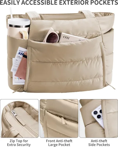 Vista 5 de Bolsa Tote Acolchada para Mujeres, Bolsa de Mano de Trabajo Ligera y Esponjosa para Maestras y Enfermeras, Bolsa de Hombro Acolchada para Escuela