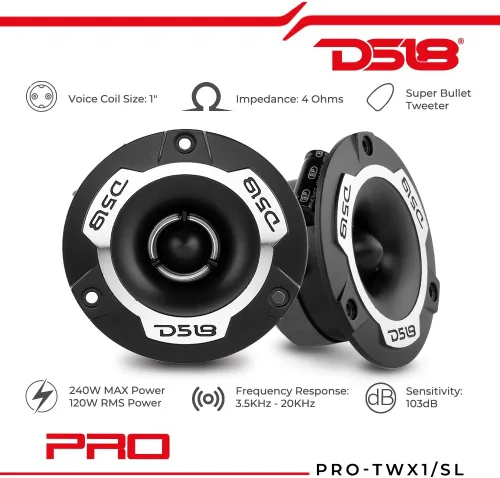Vista 2 de DS18 PRO-TWX1 Super Tweeter de 1" con Marco y Diafragma de Aluminio, 240W Máx, 4 Ohms, Crossover Incorporado - Los Tweeters PRO son los Mejores