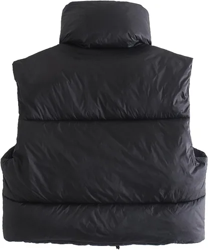 Vista 2 de Hixiaohe Chaleco corto de invierno para mujer, acolchado, ligero, con cuello alto, con cremallera, sin mangas