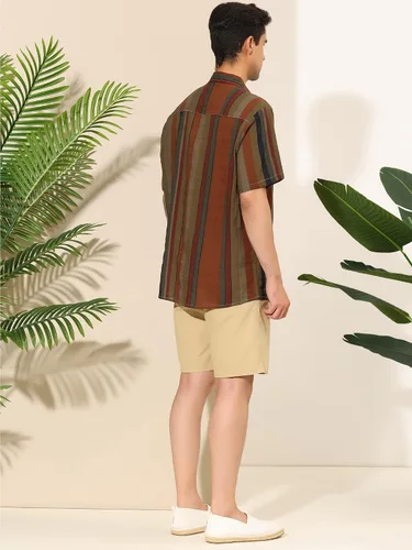 Vista 5 de Lars Amadeus Camisa de rayas irregulares con botones de manga corta y bloque de color de verano para hombre