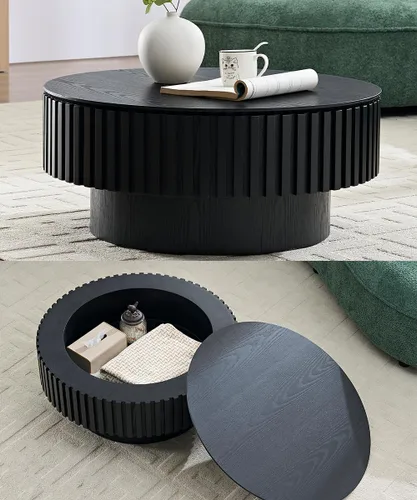 Vista 15 de WILLIAMSPACE Mesa de Café Redonda de 35.43" con Tablero de Piedra Sintética, Mesa Central Circular de Madera Moderna de Estilo Granja para la Sala