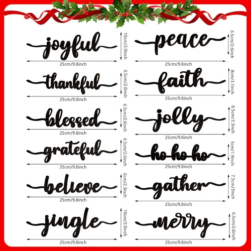 Vista 3 de 12 piezas de letreros de madera con palabras navideñas recortadas "Joyful Merry Thankful Grateful Blessed Peace Gather" para decoración de plato