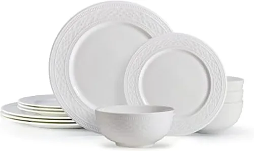 Vista 10 de Mikasa Bentlee Bone China - Juego de vajilla ligera de 12 piezas resistente a las astillas, servicio para 4, color blanco