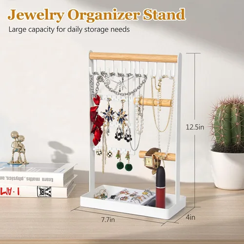 Vista 5 de CONBOLA Organizador de soporte de joyería, organizador de joyería de madera de 5 niveles con soporte para pulsera, agujeros para aretes, bandeja