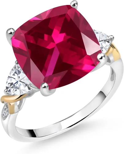 Vista 3 de Gem Stone King Anillo de plata 925 y amarillo rojo rubí creado moissanita y diamantes para mujer