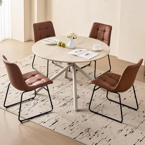 Vista 4 de Juego de mesa de comedor redonda de 47 pulgadas para 4, mesa redonda moderna de cocina, patas cruzadas de metal recubierto con 4 sillas de comedor