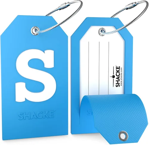 Vista 2 de Shacke Etiqueta de equipaje con inicial con cubierta de privacidad y lazo Verde azulado agua
