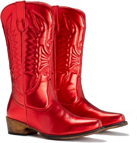 Vista 4 de IUV - Botas de cowboy para mujer, botas vaqueras a media pantorrilla, botas de vaquera con punta puntiaguda, botas occidentales B-Rojo