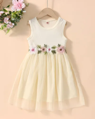 Vista 3 de Vestido de verano para niña de las flores tutú floral para niños sin mangas de punto princesa fiesta casual vestido de verano 2-7T