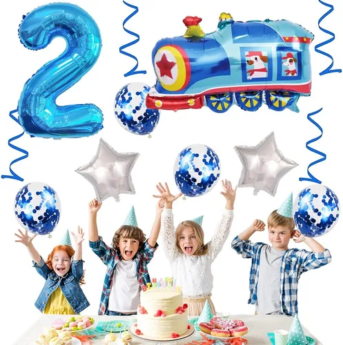 Vista 7 de Globos de tren de 2º cumpleaños, globo gigante de aluminio de Mylar número 2 para fiesta de ferrocarril, color azul