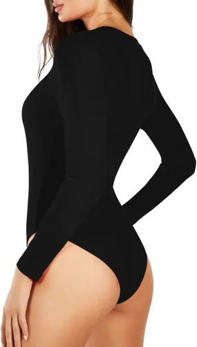 Vista 3 de LILYSUM Body de manga larga para mujer, cuello redondo, tejido acanalado, ajustado, ajustado