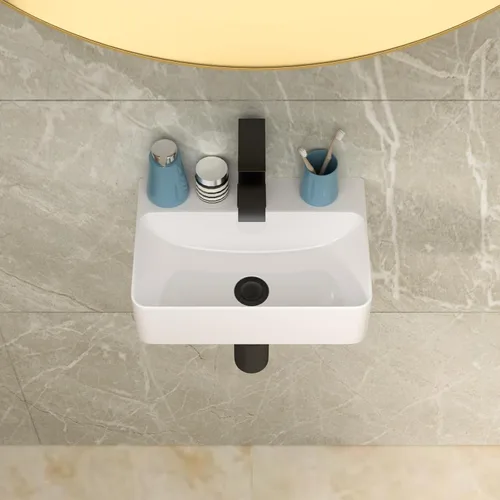 Vista 2 de Lordear Fregadero pequeño montado en la pared, fregadero de baño de esquina flotante para colgar en la pared, lavabo de cerámica blanca brillante