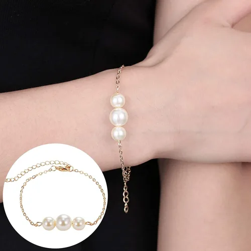 Vista 3 de Pulseras brazalete, moda mujer brillante imitación perla encanto pulsera cadena ajustable brazalete joyería - oro, Bambú