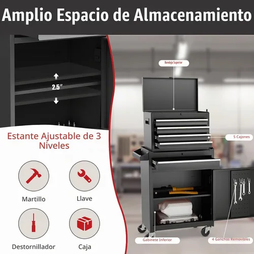 Vista 7 de Goplus Baúl de herramientas, gabinete de almacenamiento de herramientas con 5 cajones y ruedas, con parte superior desmontable, caja