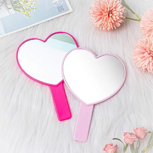 Vista 6 de Espejo de mano de maquillaje en forma de corazón, espejo de mano de viaje, espejo cosmético personal portátil con mango (rojo rosa)