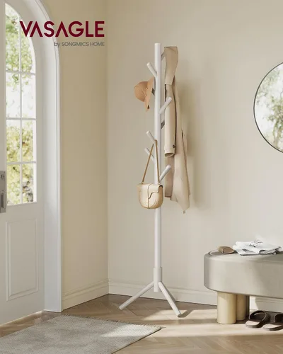 Vista 2 de VASAGLE Perchero de Madera Maciza, Perchero de Pie en Forma de Árbol con 8 Ganchos, 3 Opciones de Altura, para Ropa, Sombreros, Bolsos, Sala