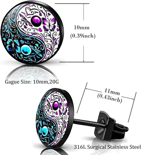 Vista 3 de YCL&TXL Juego de 6 pares de aretes de acero inoxidable con patrón Yin y Yang para hombre, redondos, color negro, 0.394 in, Acero inoxidable, No es