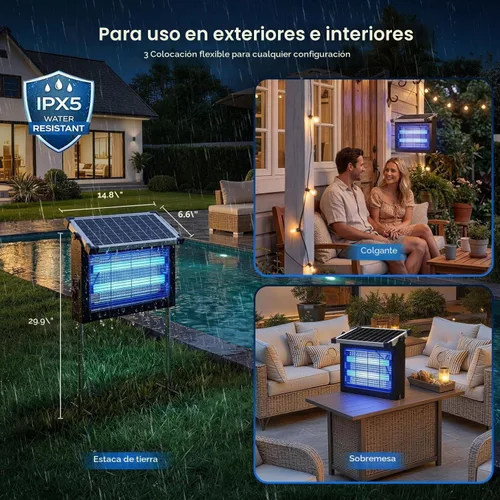 Vista 7 de Solar Bug Zapper, 4500 V rejilla eléctrica mata mosquitos para patio 10W Solar & USB Charging, Auto/Manual Mode, 1/2 Acre Coverage, 3 Placement