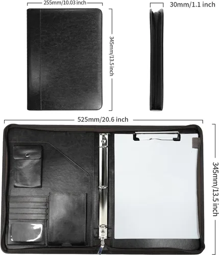 Vista 5 de Organizador de Portafolio con Cremallera, WRIYES Portafolio de Cuero con Carpeta de 3 Anillas, Carpeta Profesional de Negocios, Organizador