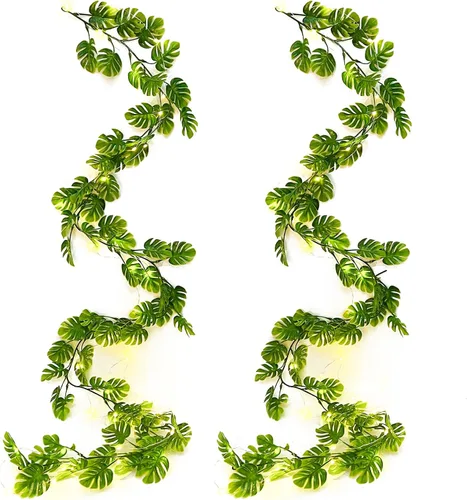 Vista 10 de RECUTMS 20LED Luces de Cadena de Hojas de Monstera, Hojas Artificiales de Palmera de Ratán Tropical, Enredadera Verde Colgante para Pared