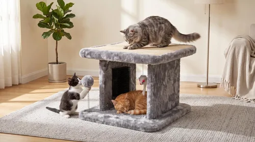 Vista 7 de Cama grande para gatos con poste rascador y tabla de peinar, resistente y duradera, ideal para razas pequeñas Large plush cat tunnel with a