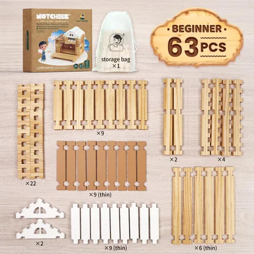 Vista 2 de Jovi-mindly &Notchies - Juego de 63 bloques de madera para principiantes, juguetes de aprendizaje preescolar, bloques de madera para niños a partir