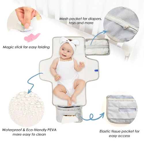 Vista 3 de Flowers Portable Changing Pad with Built-in Pillow, Waterproof Foldable Baby Diaper Changing Pads, Diaper Mat for Boys and Girls