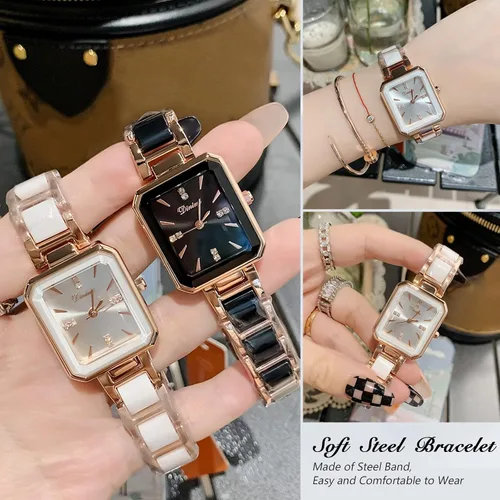 Vista 3 de RORIOS Reloj analógico de cuarzo para mujer, con correa de cerámica, reloj de pulsera cuadrado impermeable para mujeres y mujeres