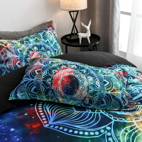 Vista 4 de Juego de funda de edredón de galaxia, diseño floral rústico con mandala, tamaño Queen, espacio exterior bohemio, color azul, Microfibra, Estilo 1
