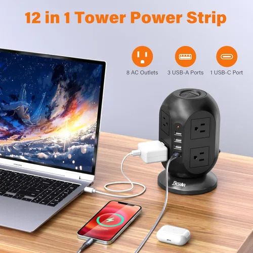 Vista 2 de Regleta protectora de sobretensiones con 8 salidas de CA, 4 puertos USB (1 USB C), cable de extensión plano de 10 pies con múltiples tomas, estación